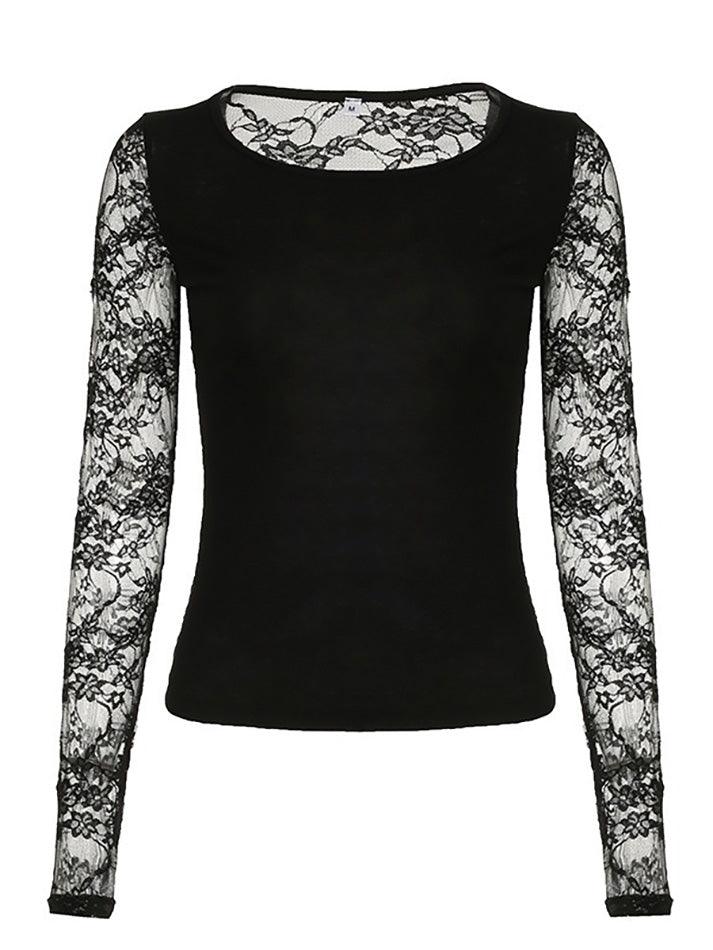 Lace Mesh Flower Embroidery Long Sleeve Top