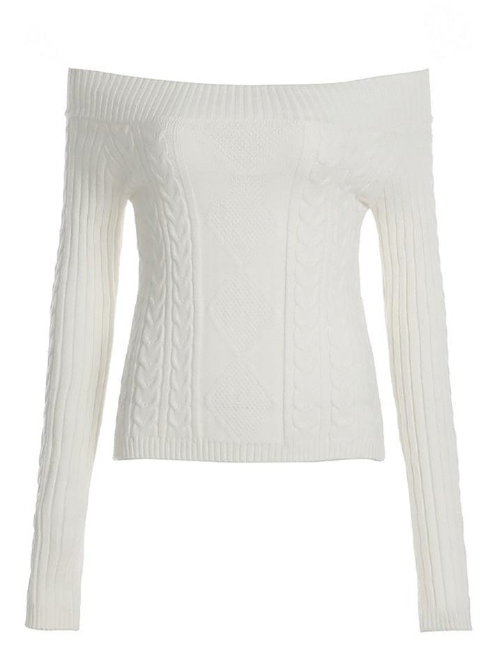 Knit Braided Pattern Boat Neckline Slim Fit Crop Sweater