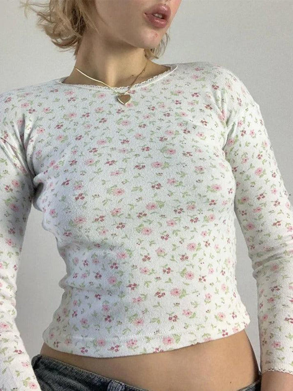 Ditsy Floral Print Crew Neck Long Sleeve Knit - AnotherChill