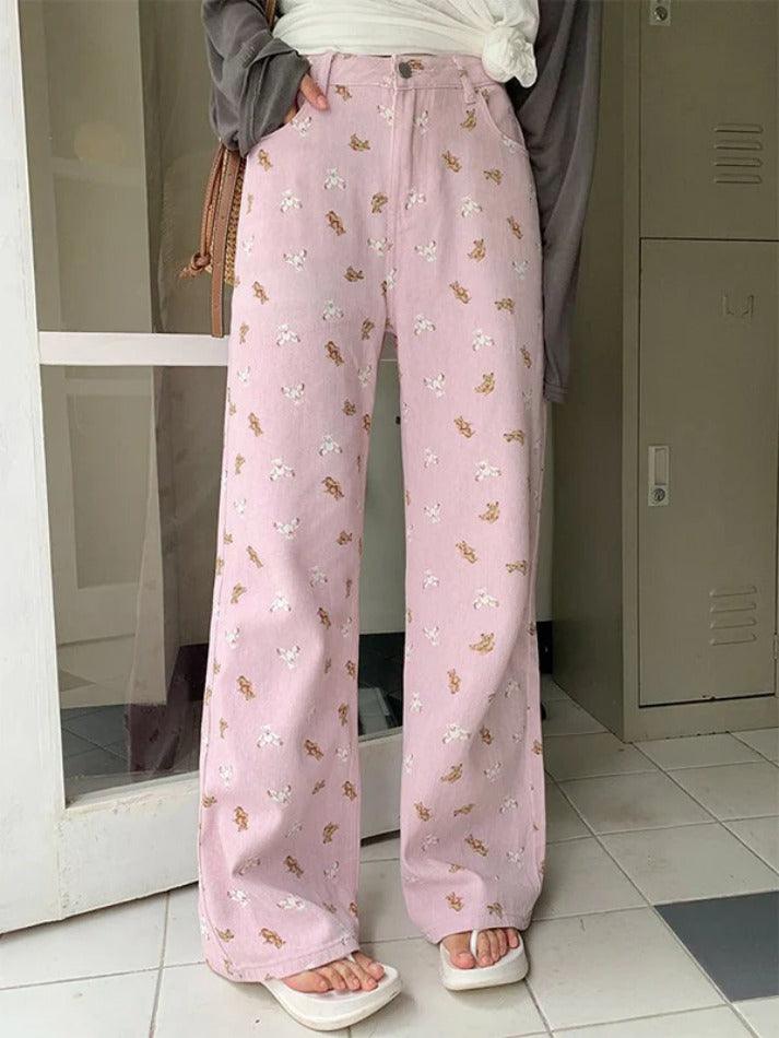 Pink Bear Print Boyfriend Jeans - AnotherChill