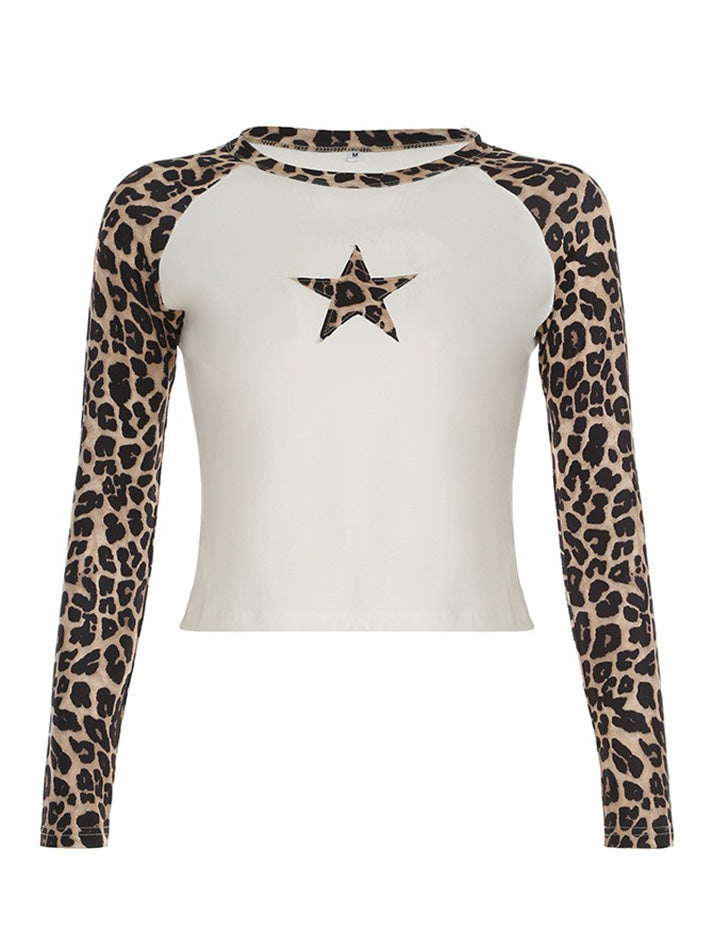 Leopard Print Contrast Star Patchwork Tee