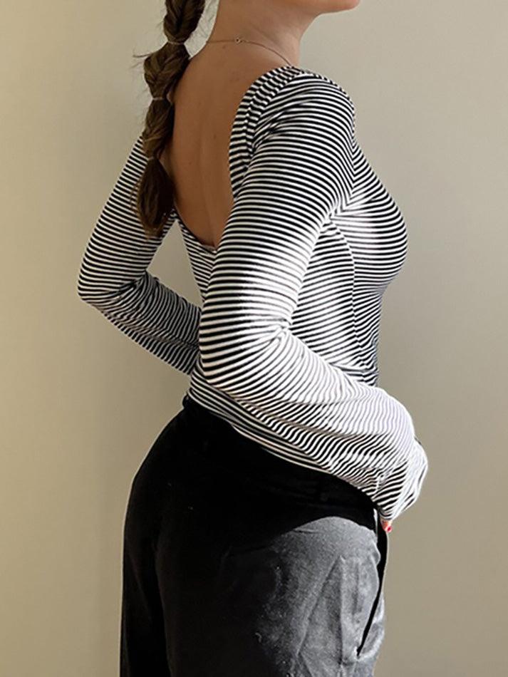 Striped Backless Long Sleeve Top