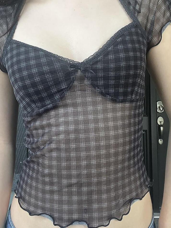 Vintage Plaid Mesh Ruffle Top - AnotherChill