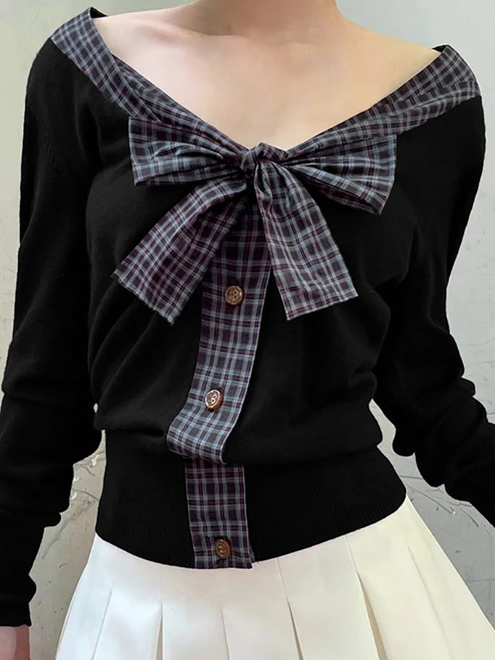 V-Neck Plaid Tie Bow Contrast Long Sleeve Top