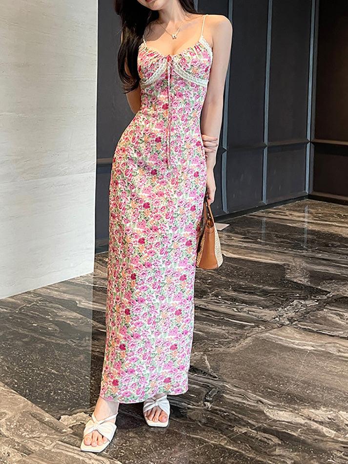 Floral Print Tie Front Maxi A-Line Dress - AnotherChill