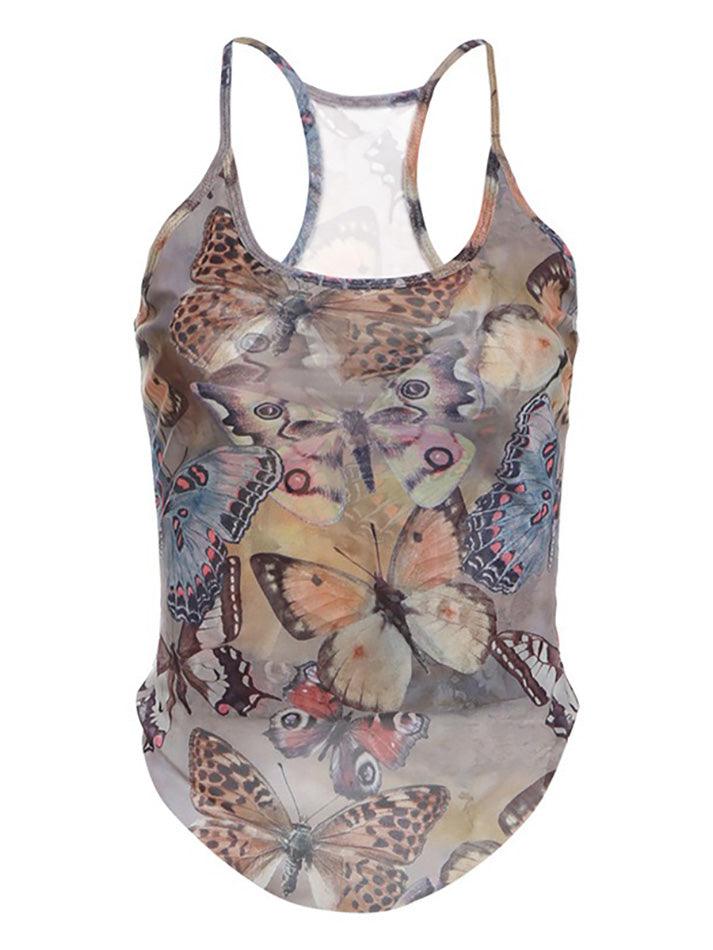 Mesh Butterfly Print Slim Fit Cami Top