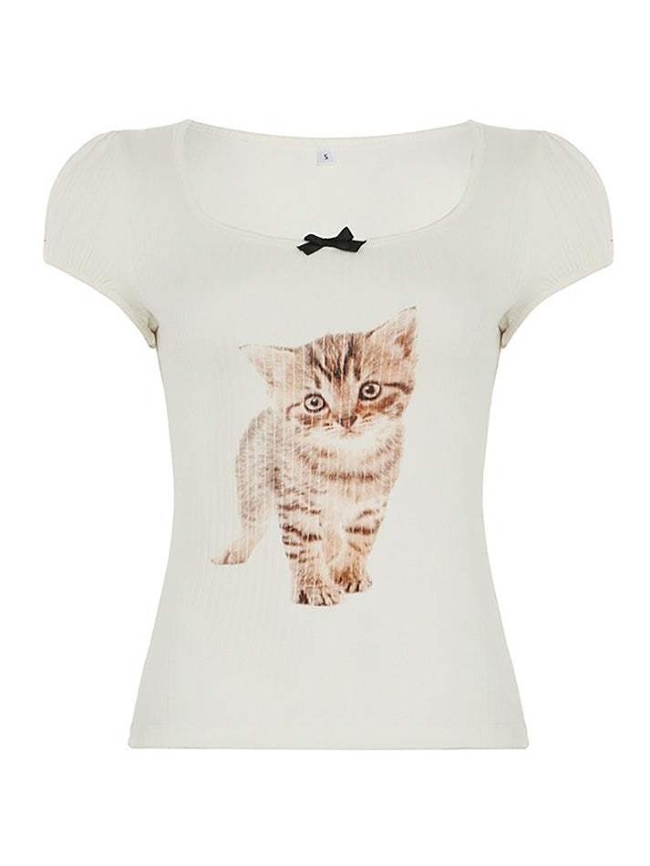 Cat Print Bow U Neck Tee