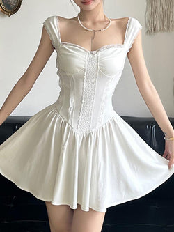 Plain Lace Trim Mini A-Line Corset Dress - AnotherChill