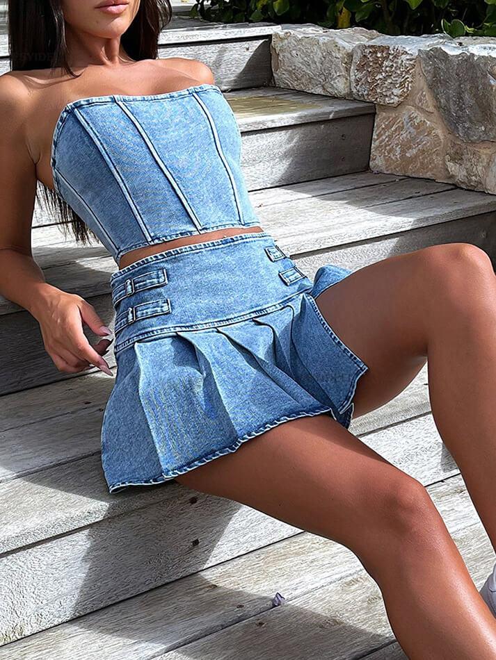 Blue Stretch Denim Two Piece Set - AnotherChill