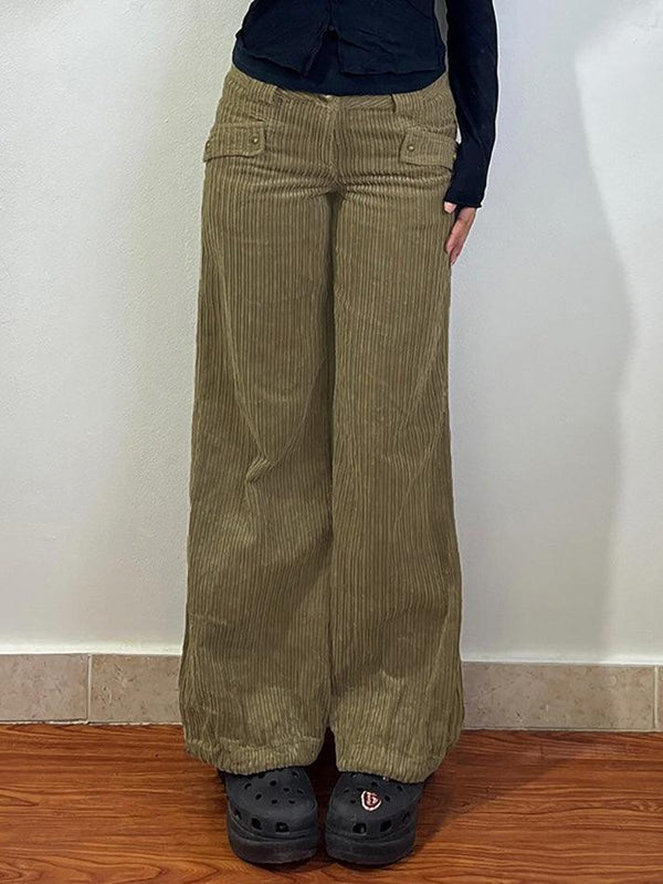 Cuffed Pocket Loose Corduroy Casual Pants