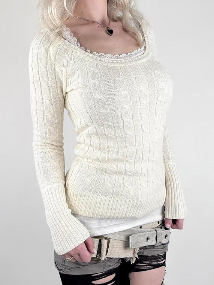 Solid Color Crew Neck Cable Knit Sweater