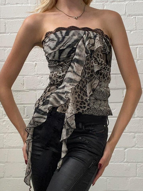 Lace Leopard Print Ribbon Bandeau Top