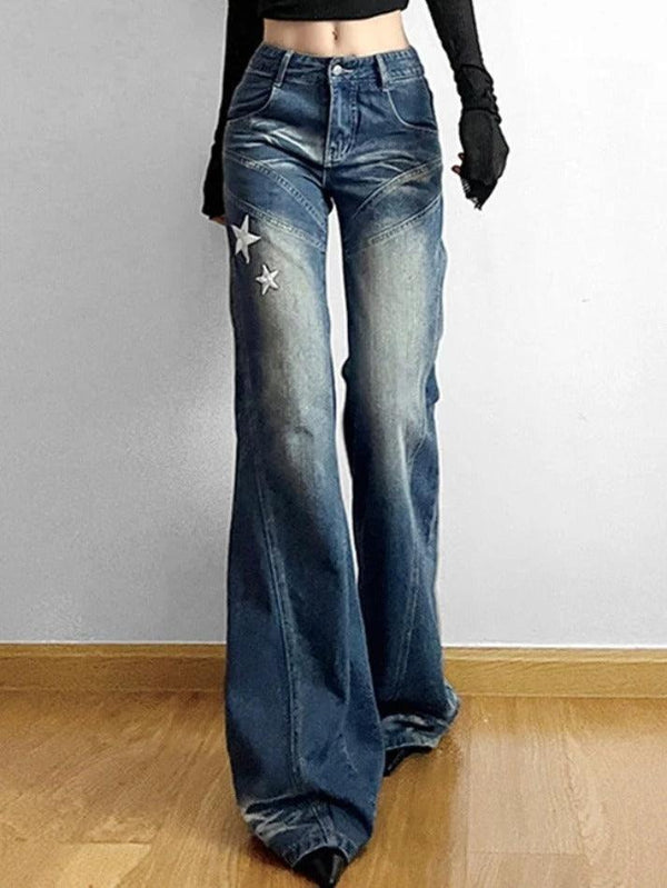 Star Patch Embroidery Design Split Line Flare Jeans - AnotherChill