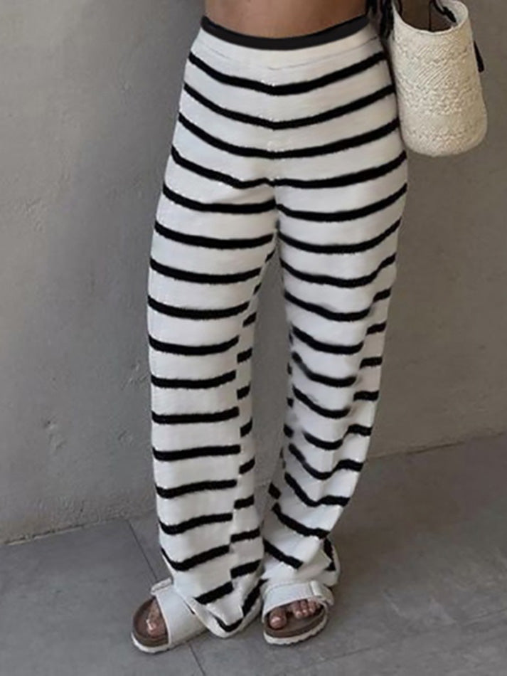 Basic Striped Knit Straight-Leg Pants