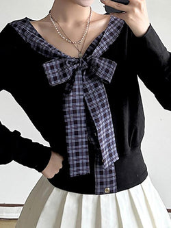 V-Neck Plaid Tie Bow Contrast Long Sleeve Top