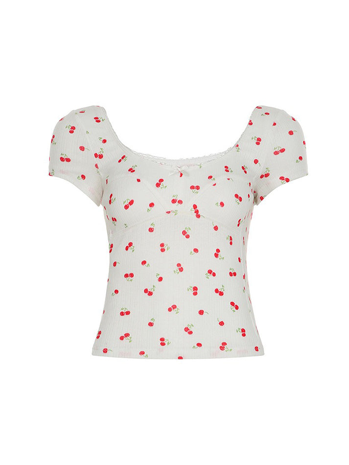 Cherry Print Bow U-Neck Crop Top