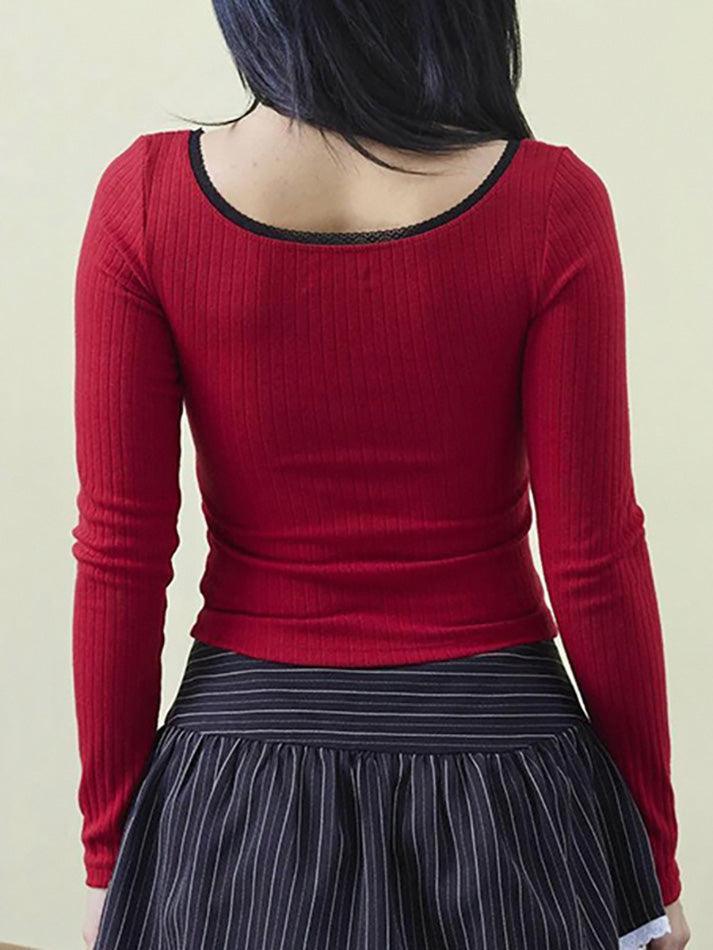 Lace Bow Striped Contrast Long Sleeve Top