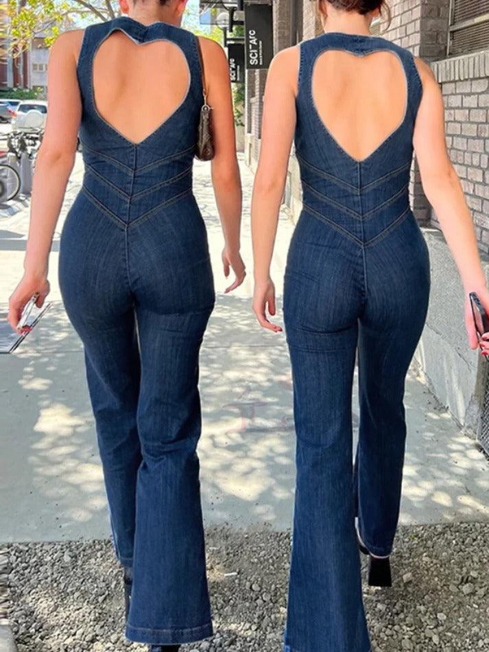 Backless Zip Up High Rise Denim Jumpsuits - AnotherChill