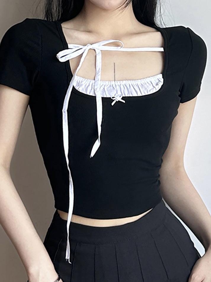 Contrast Stitching Short-Sleeved Square Collar Slim Top - AnotherChill