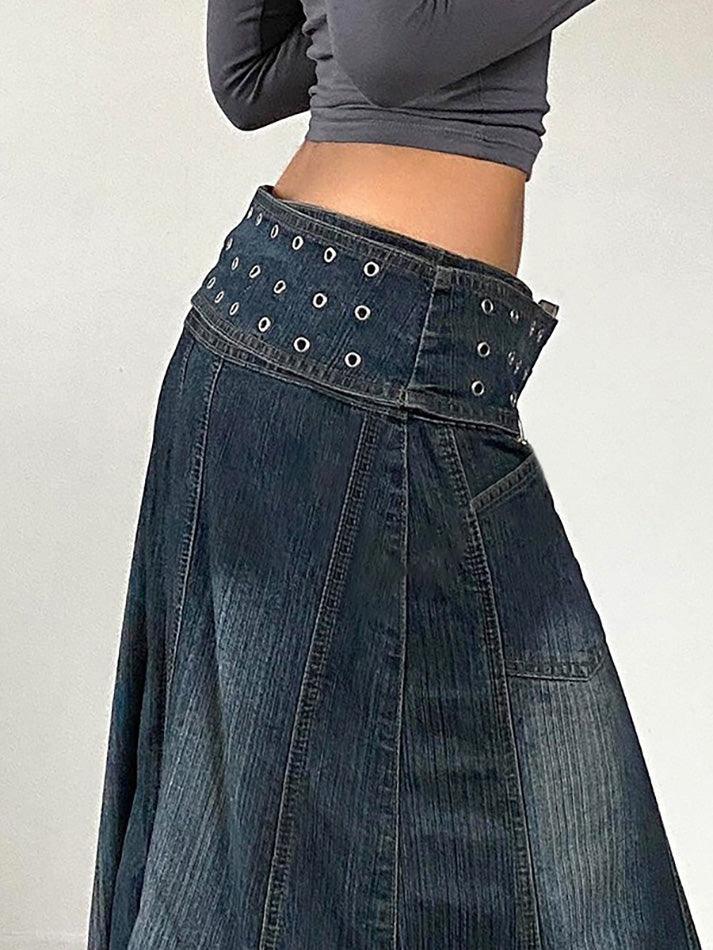 Vintage Eyelet Belt A-Line Denim Skirt