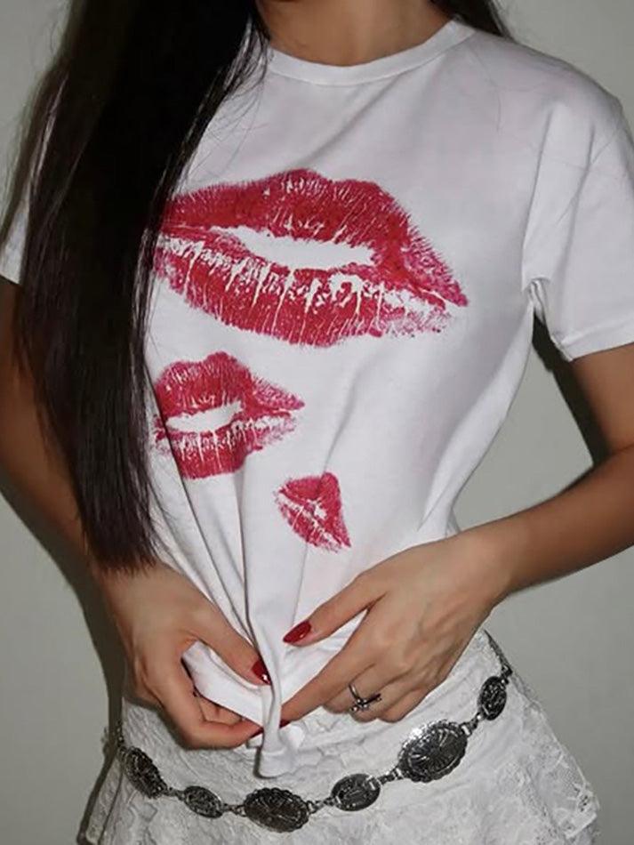 Lip Print Crew Neck Crop Top