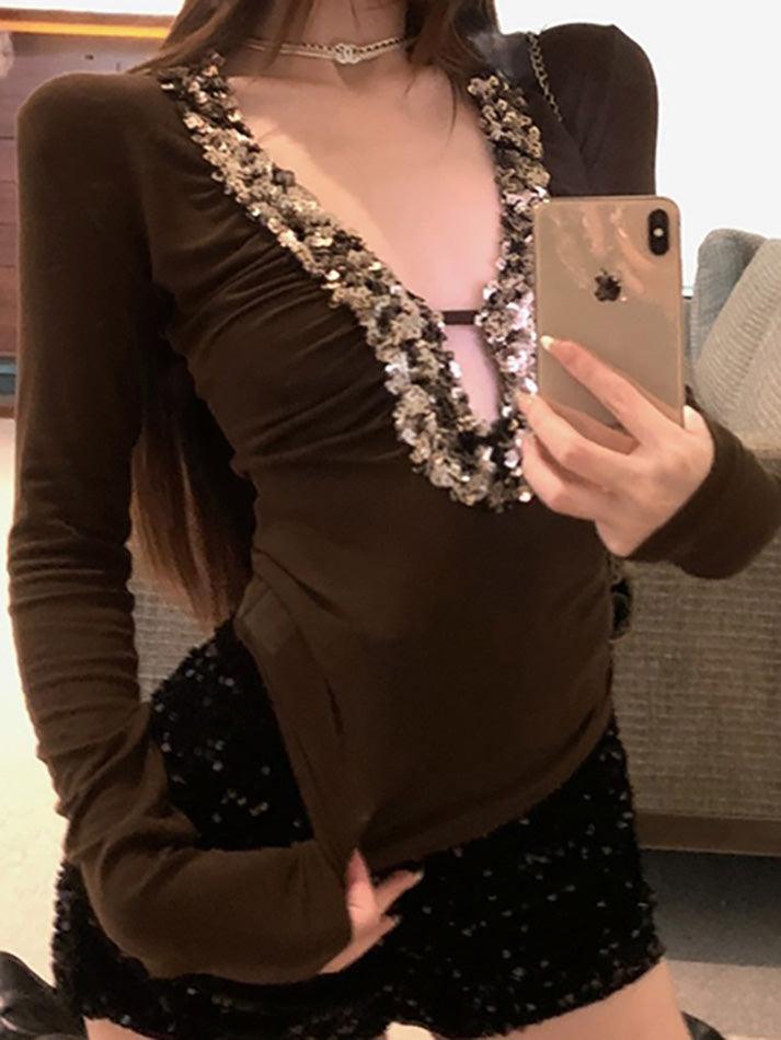 Sequin Deep V-Neck Contrast Top