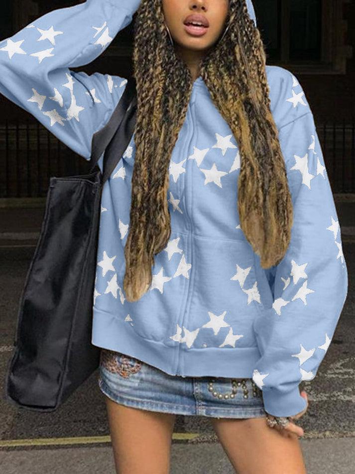 Oversized Star Print Zip Up Hoodie - AnotherChill