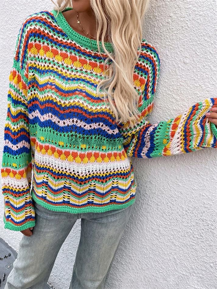 Rainbow Stripe Crochet Knit Sweater - AnotherChill