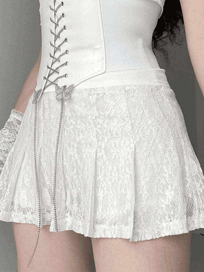 A Line Pleated Lace Mini Skirt - AnotherChill