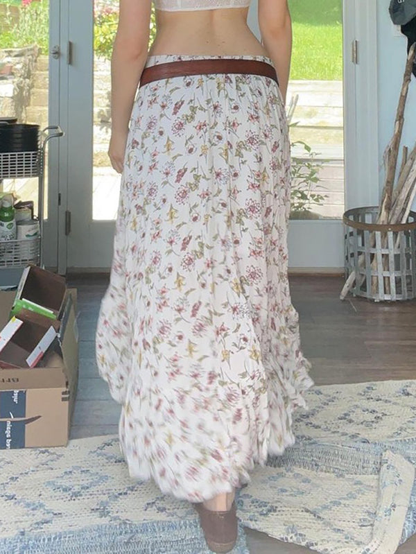 Vintage Floral Low Waist Asymmetrical Midi Skirt