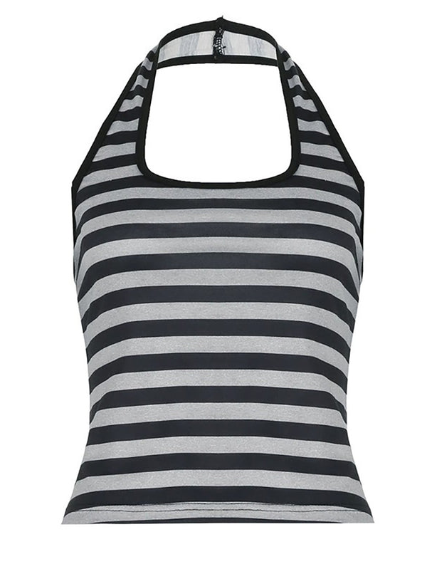 Wing Rhinestone Halter Backless Striped Tank Top