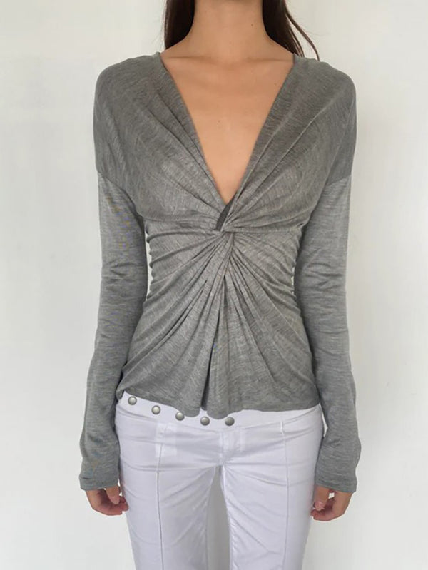 V-Neck Ruched Fitted Long Sleeve Top