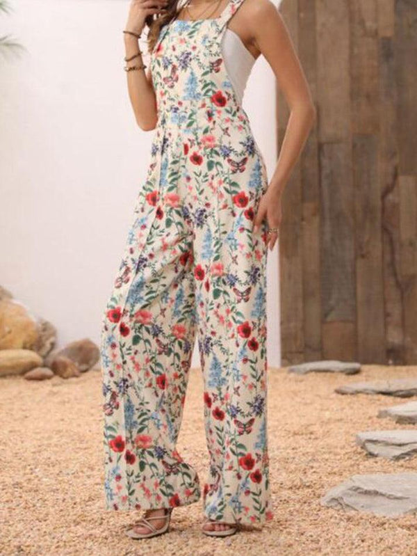 Floral Print Wide Leg Overall Jumpsuit