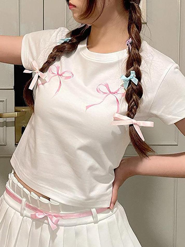 Short-Sleeve Crew Neck Bow Print Crop T-Shirt - AnotherChill