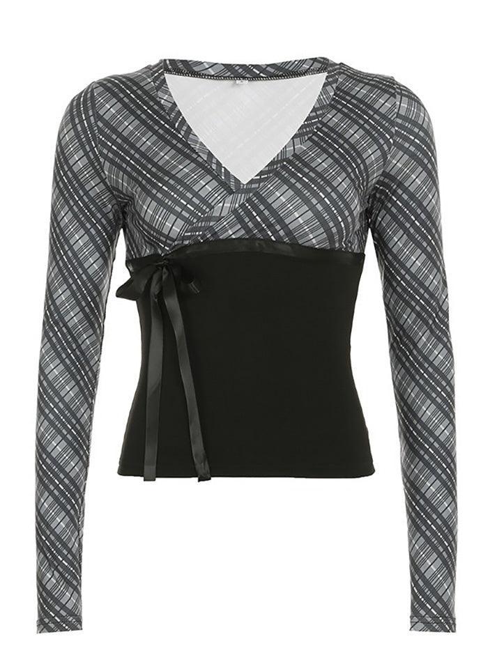 Vintage Plaid Patchwork Contrast V-Neck Top