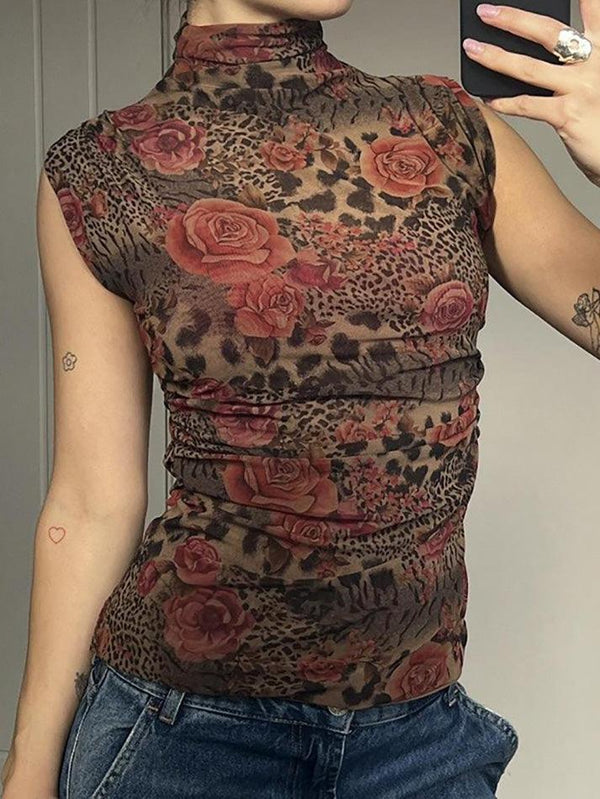 Vintage Floral Print High-Neck Sleeveless Top