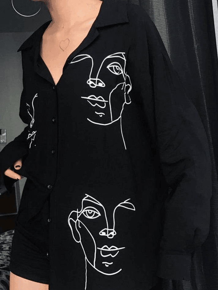 Abstract Face Print Long Sleeve Blouse AnotherChill