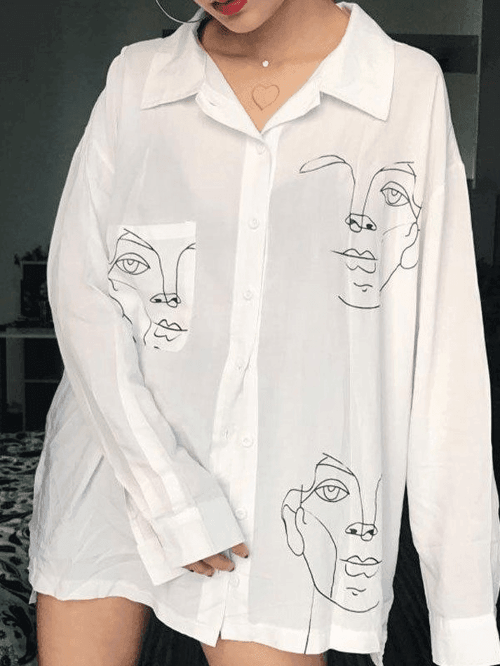 Abstract Face Print Long Sleeve Blouse AnotherChill