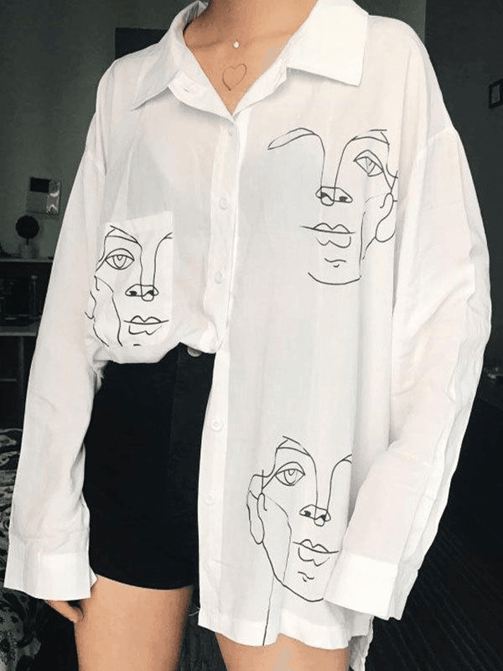 Abstract Face Print Long Sleeve Blouse AnotherChill