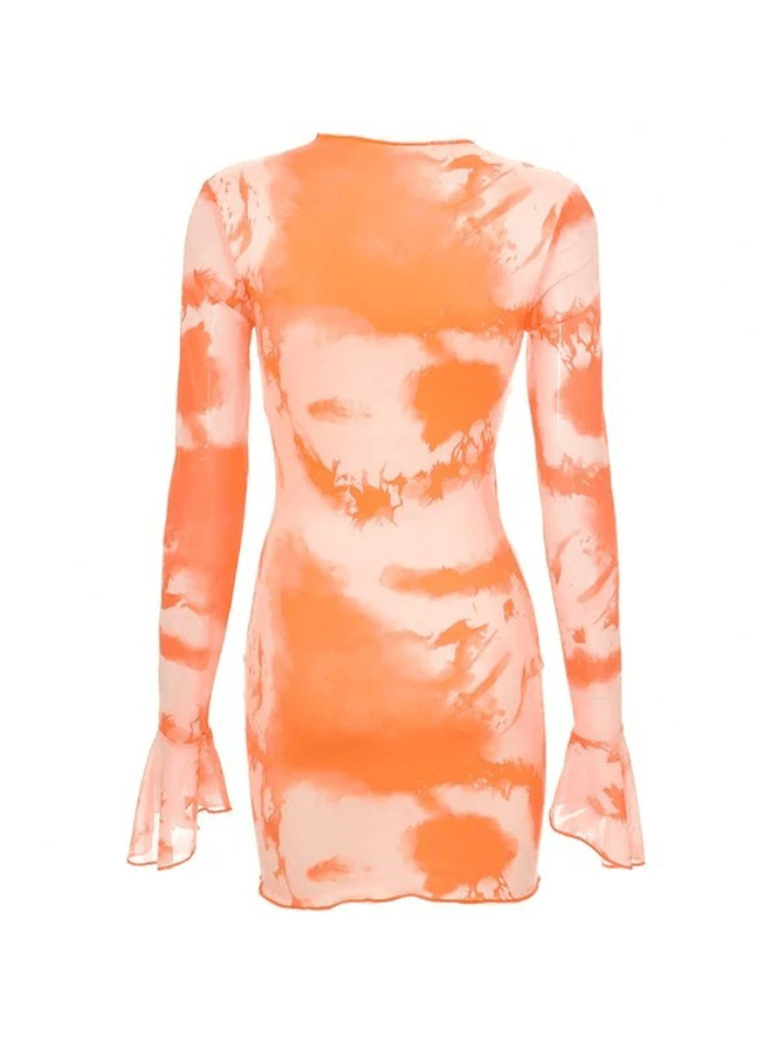 Abstract-Print Flared-Sleeve Tie Dress - AnotherChill