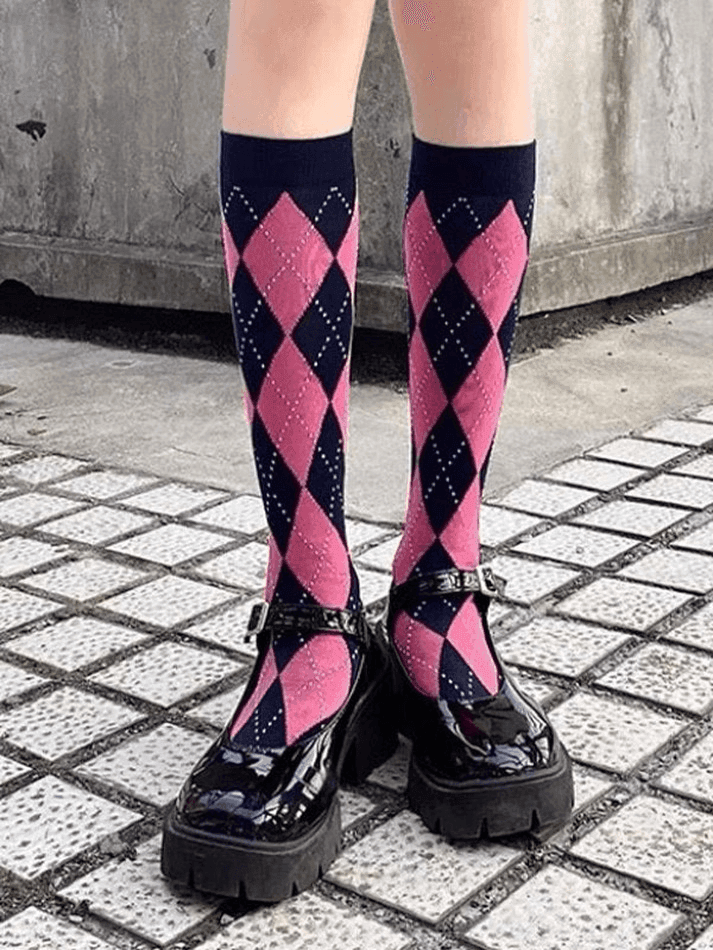 Argyle Pattern Knee High Socks - AnotherChill