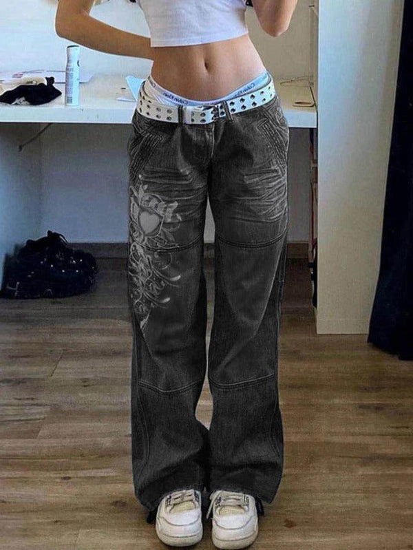 Washed Heart Pattern Cargo Jeans - AnotherChill
