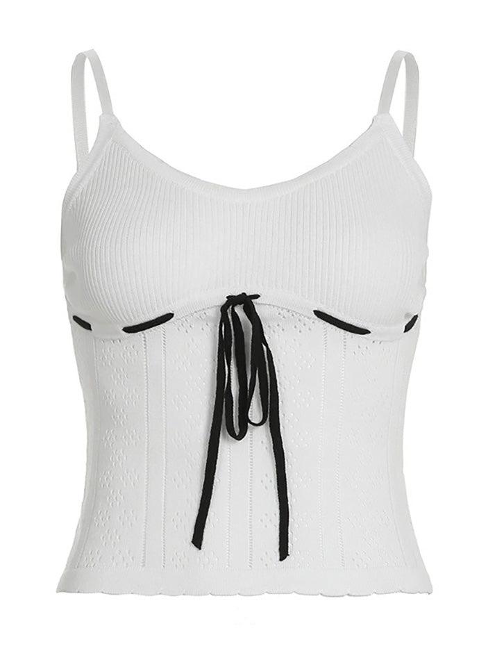 Contrast Hollow-Out Drawstring Tie Knit Cami Top