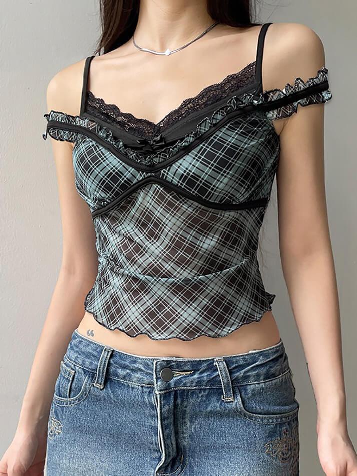 Mock Two Piece Ruffled-Trim Plaid Mesh See-Through Tank Top - AnotherChill