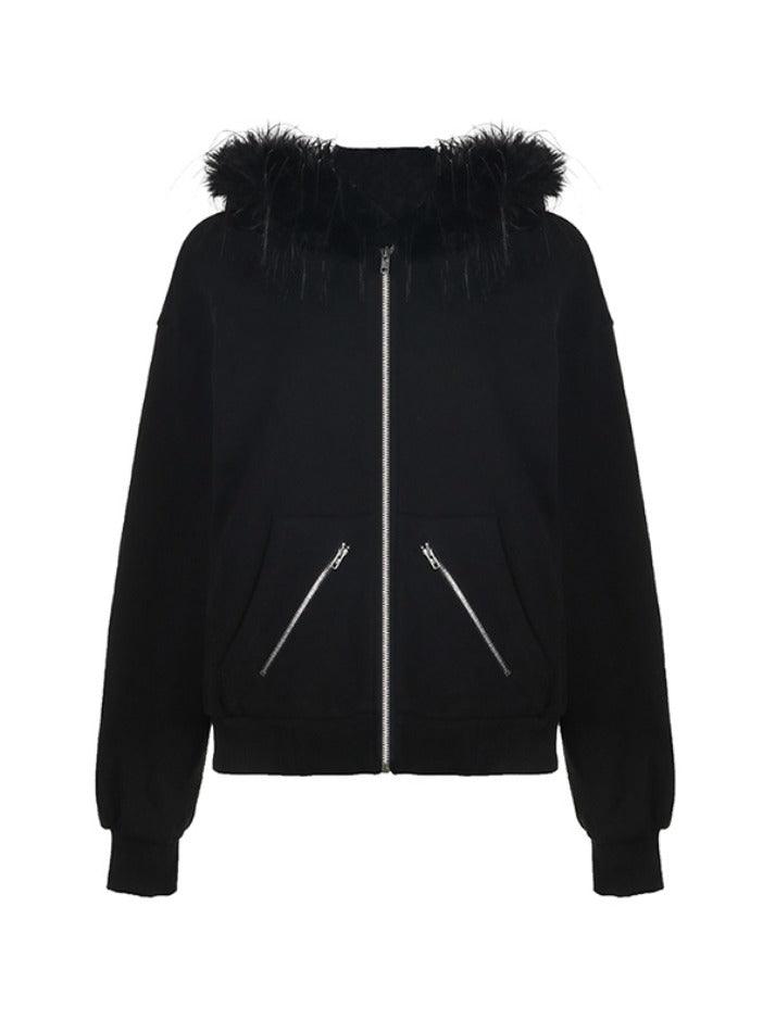 Fuzzy Collar Slant Pocket Oversized Hoodie