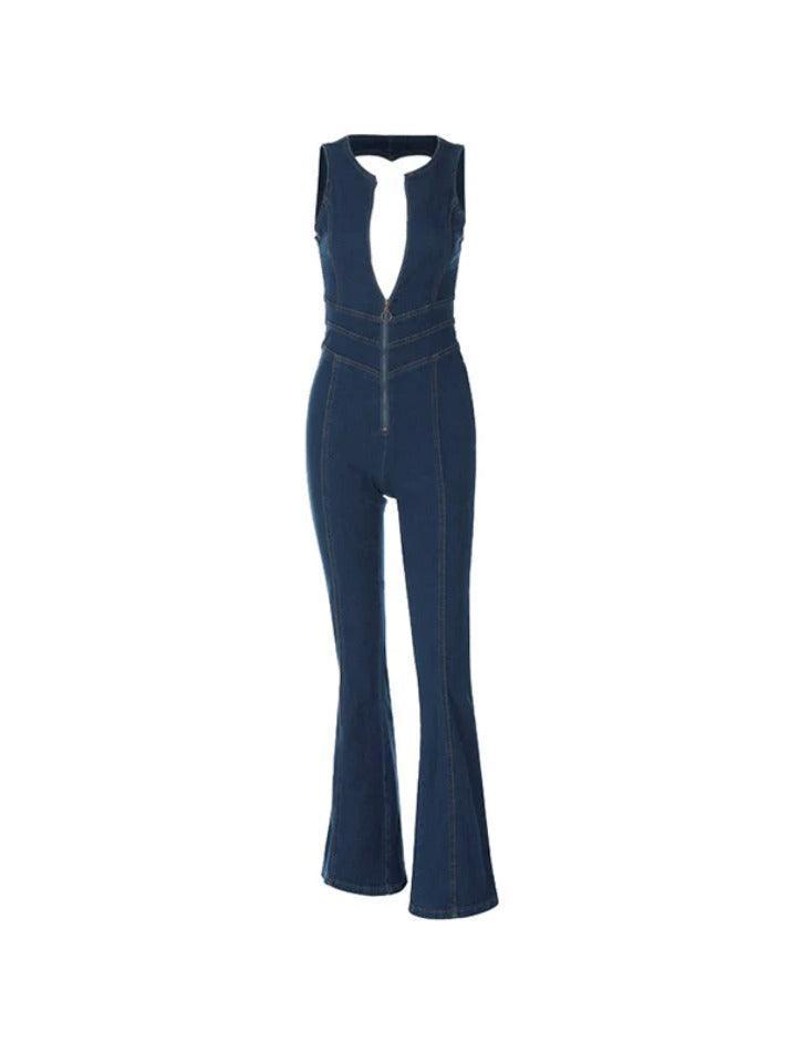 Backless Zip Up High Rise Denim Jumpsuits - AnotherChill