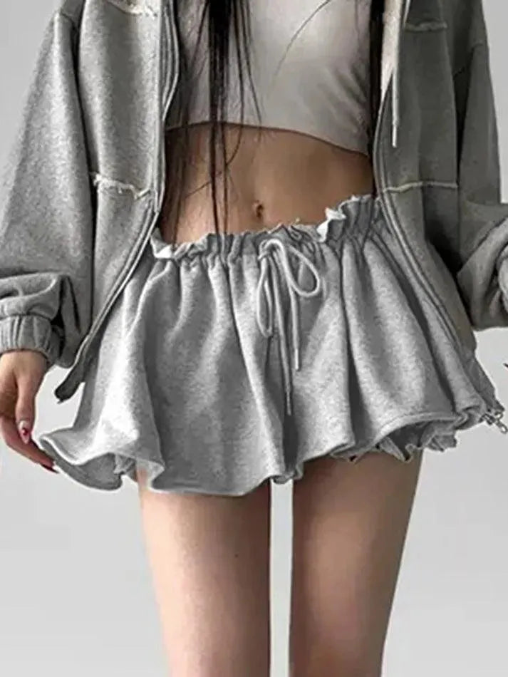 Basic Gray Drawstring Ruffle Trim Mini Skirt - AnotherChill