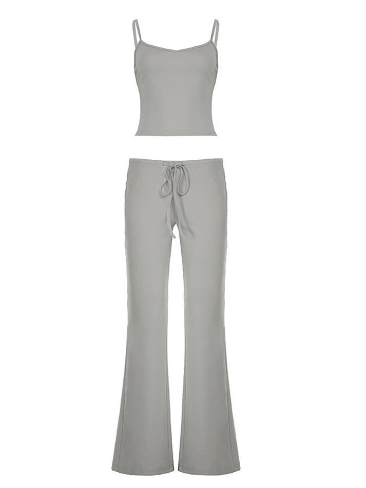 Basic V-Neck Cami Drawstring Tie Low-Waist Pants Set - AnotherChill