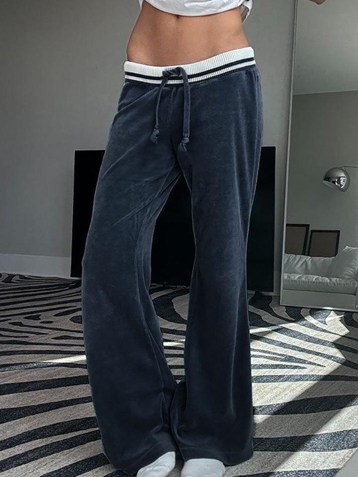 Contrast Striped Waistband Velvet Flare Pants