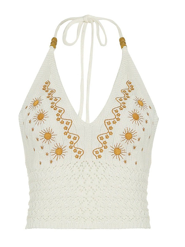 Sun Embroidery Halter Tie Backless Tank  Top